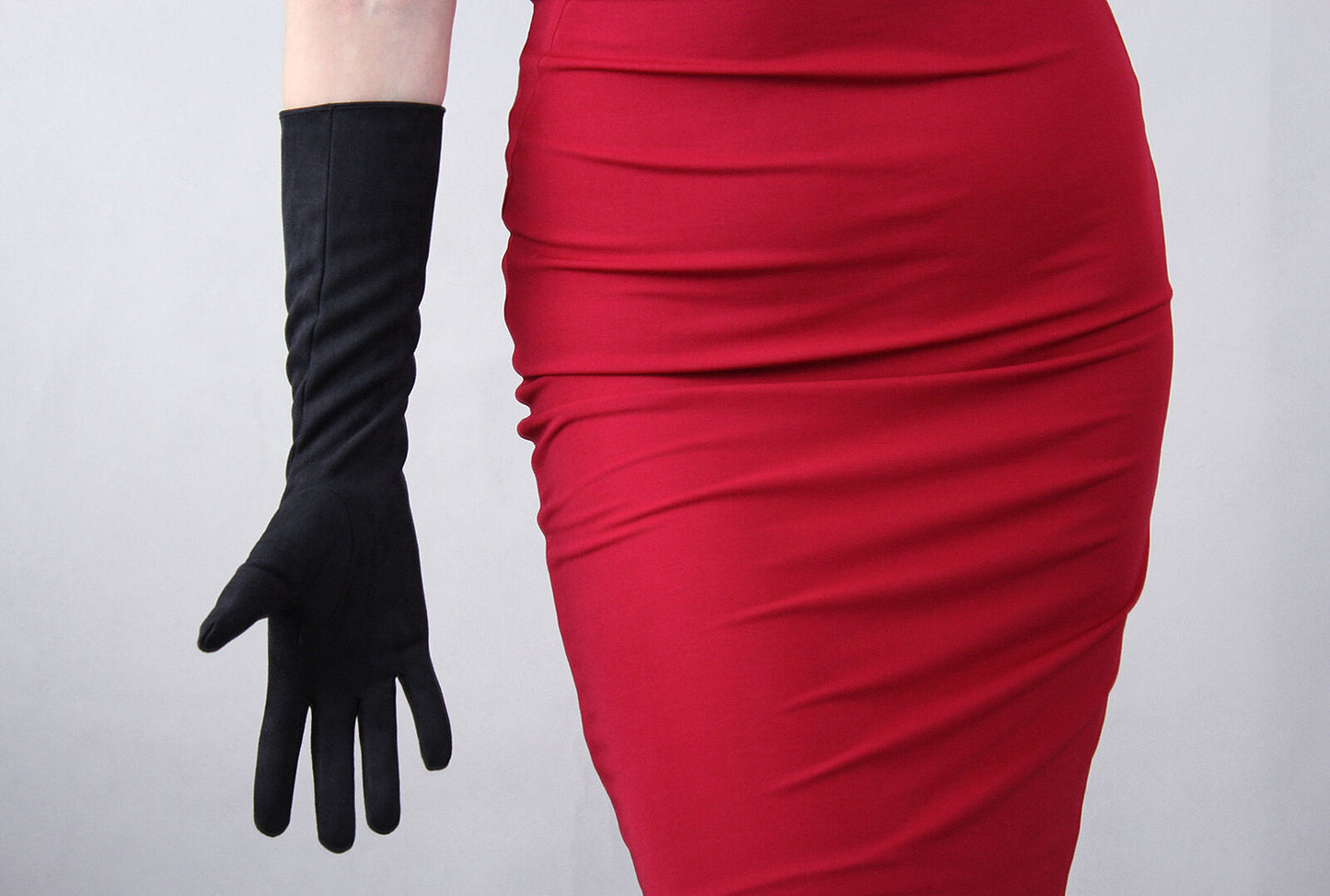 Suede Long Gloves Faux Leather 16" 40cm Elbow Evening Black Double-faced Suede