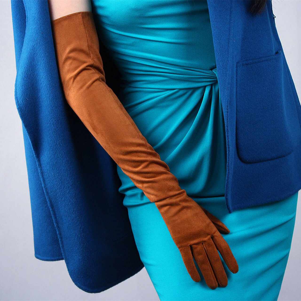 Suede Long Gloves Faux Leather 24" 60cm Opera Evening Brown Double-faced Suede