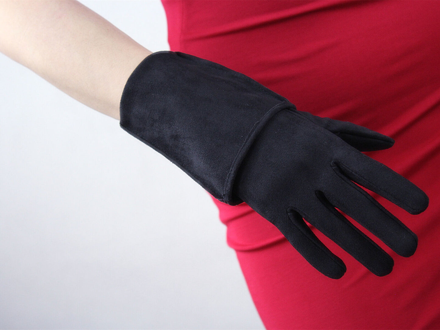 Suede Long Gloves Faux Leather 16" 40cm Elbow Evening Black Double-faced Suede