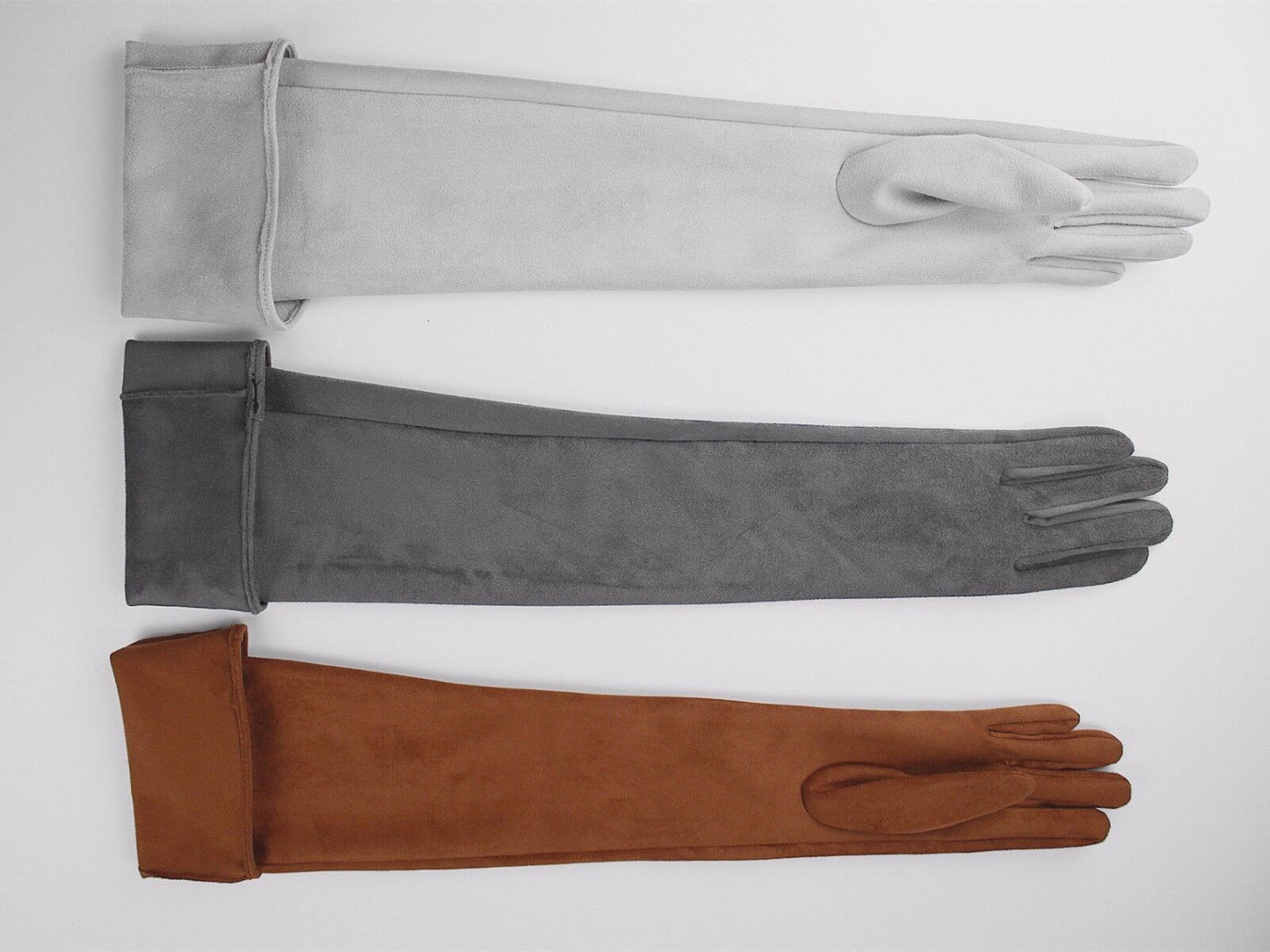 Suede Long Gloves Faux Leather 24" 60cm Opera Evening Brown Double-faced Suede