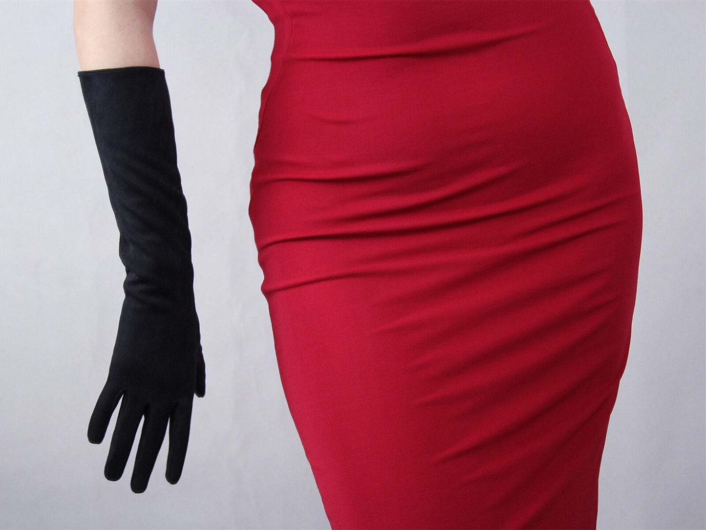 Suede Long Gloves Faux Leather 16" 40cm Elbow Evening Black Double-faced Suede