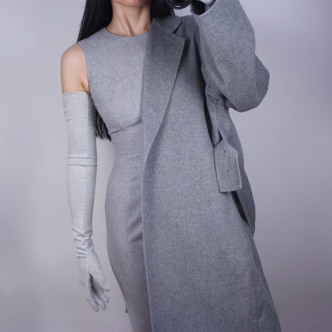 SUEDE LONG GLOVES Faux Leather PU 28" 70cm Extra Long Evening Silver Gray Grey