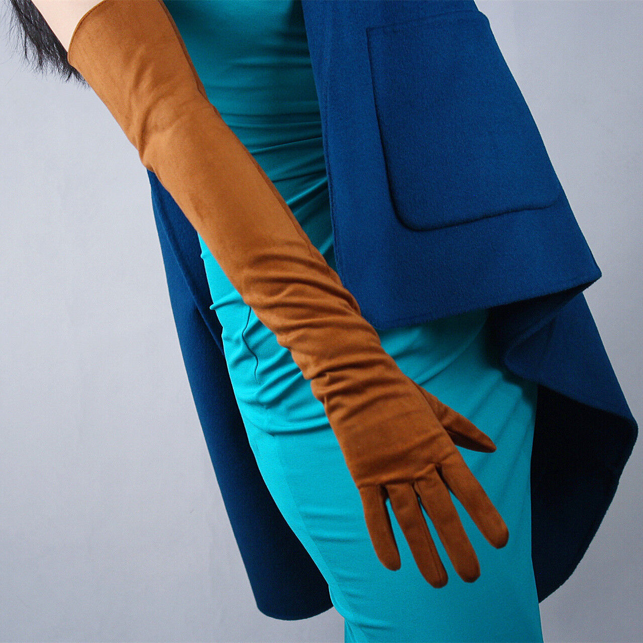 Suede Long Gloves Faux Leather 24" 60cm Opera Evening Brown Double-faced Suede