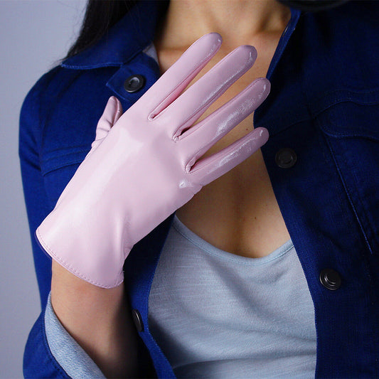 LATEX GLOVES Shine Leather Faux Patent PU 8" 21cm Short Opera Evening Light Pink