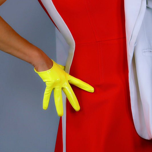 LATEX GLOVES 13cm Extra Short Shine Leather Faux Patent Lime Fluorescent Yellow