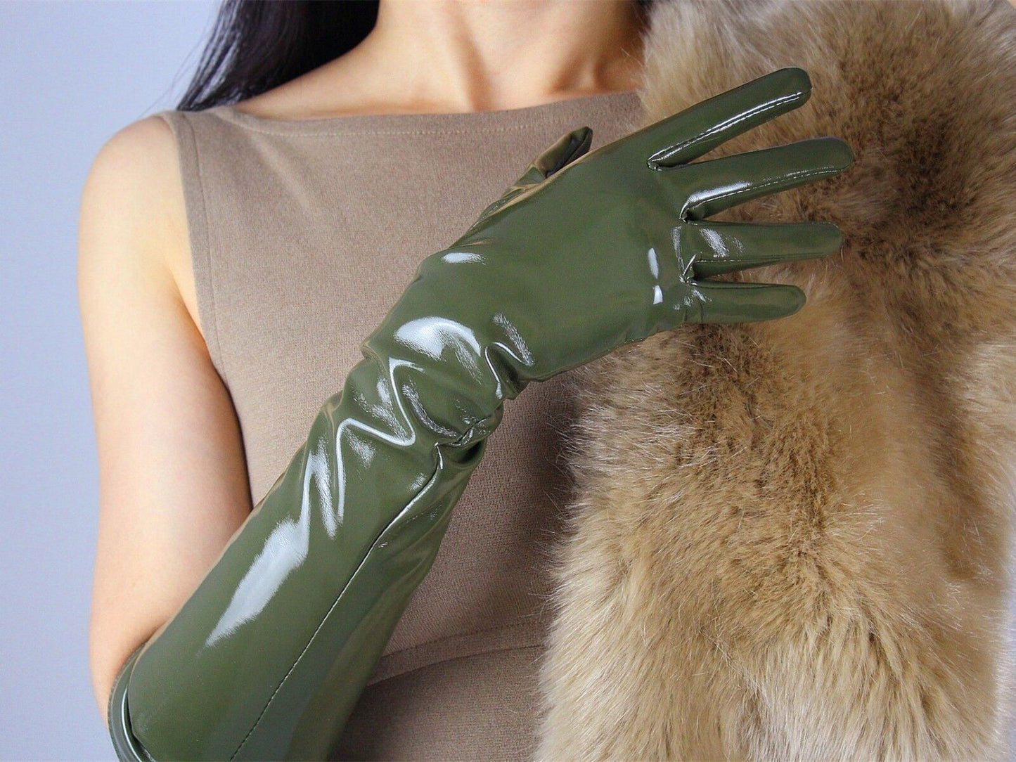 LATEX LONG GLOVES Shine Leather Faux Patent PU 20" 50cm Fashion Olive Army Green