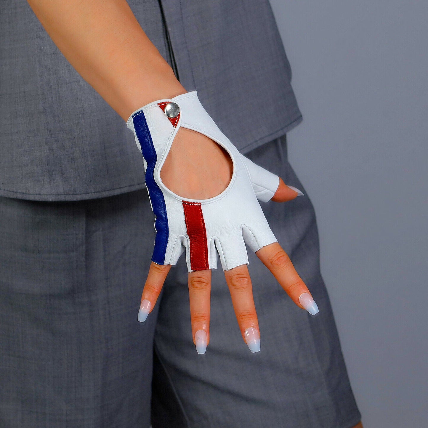 REAL LEATHER GLOVES Half Finger White Red Blue Stripes