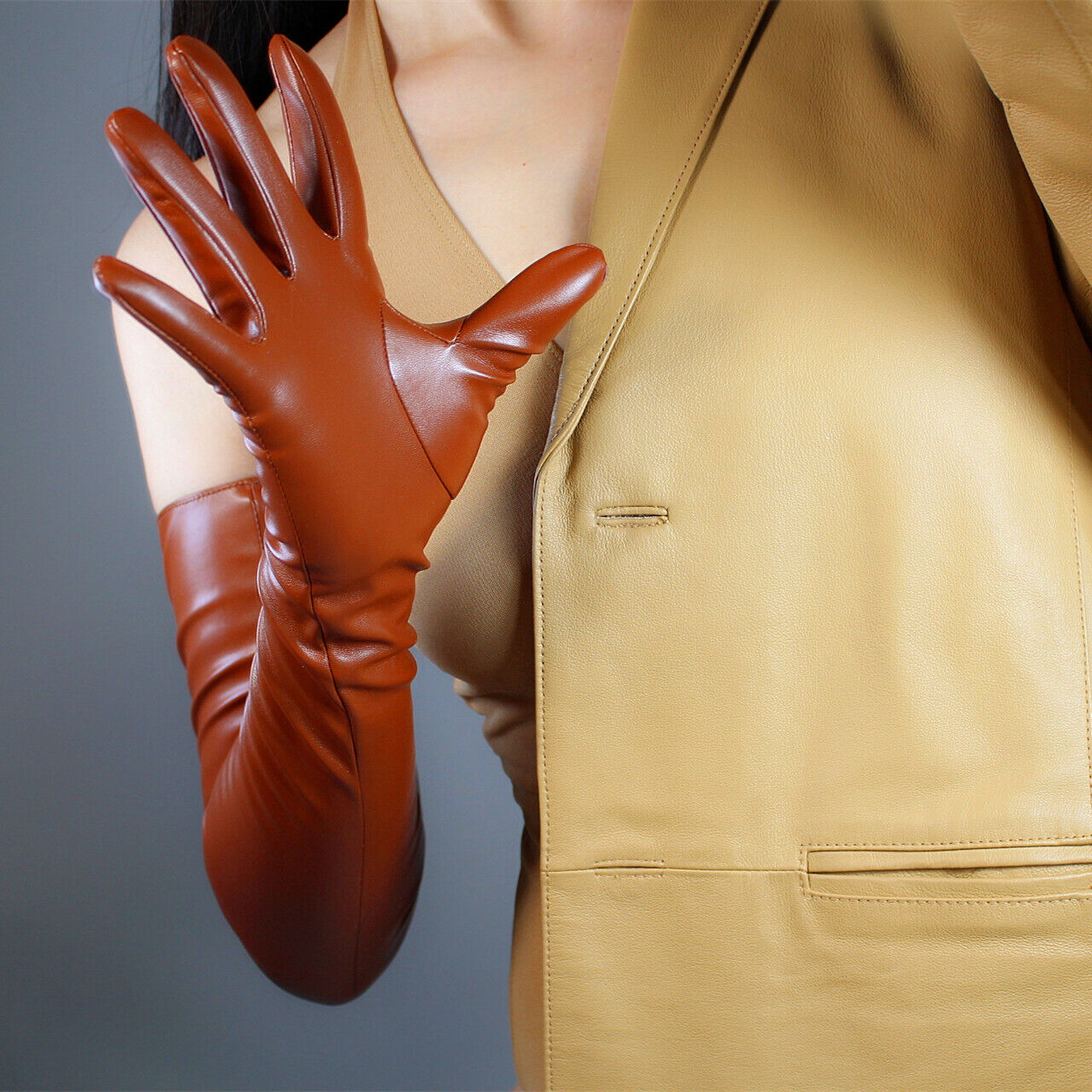 LONG GLOVES Faux Leather Lambskin Sheepskin PU 28" 70cm Camel Coffee Sugar Brown