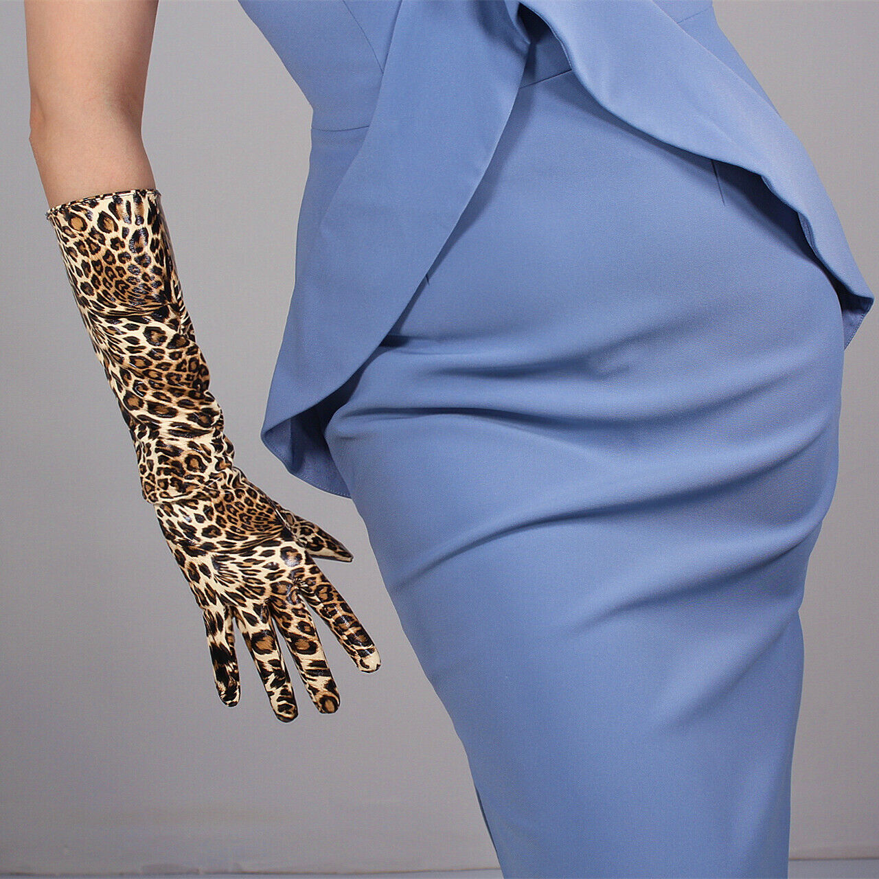 LATEX LONG GLOVES Shine Leather PU 16" 40cm Animal Print Brown Cheetah Leopard