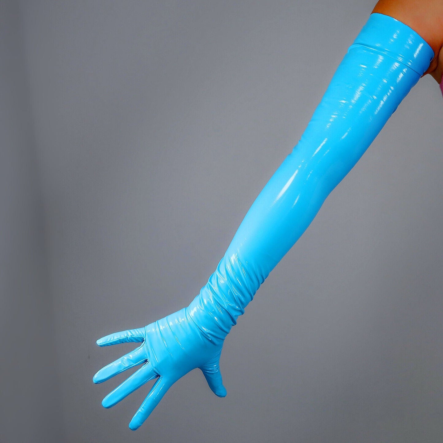 LATEX GLOVES Extra Thin Faux Leather Rubber 28" 70cm Shine Blue LONG FITTED