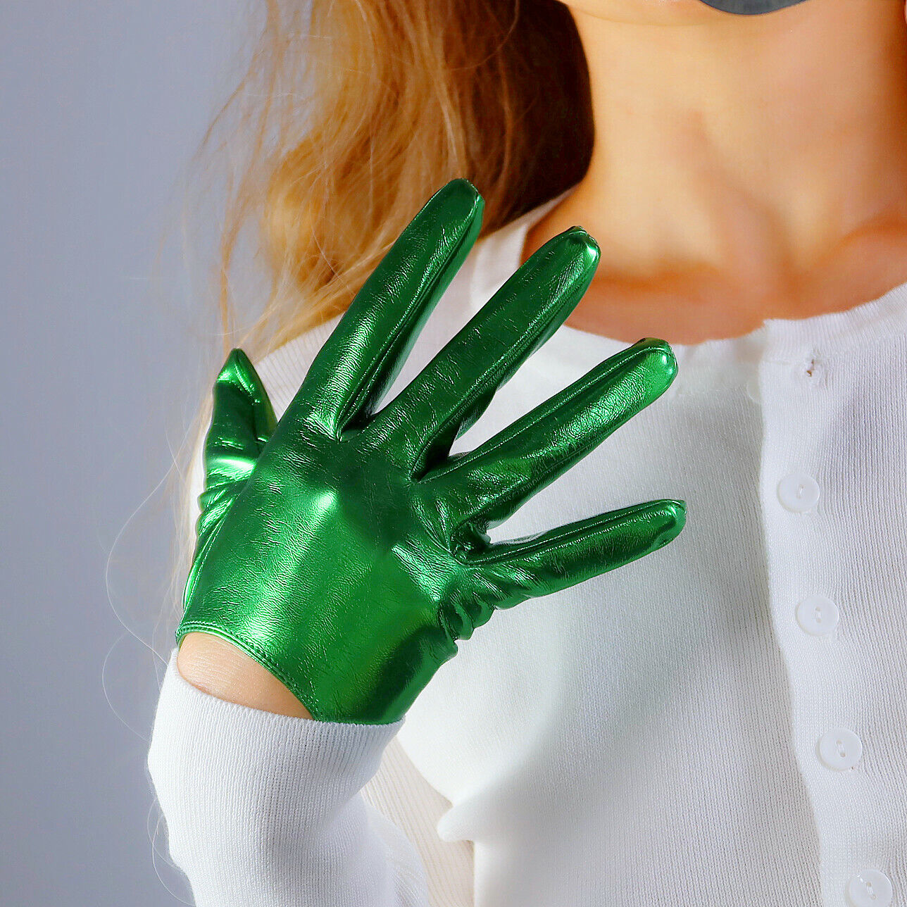 LATEX EXTRA SHORT GLOVES Faux Shine Patent Leather 6" 16m Electric Green Emerald