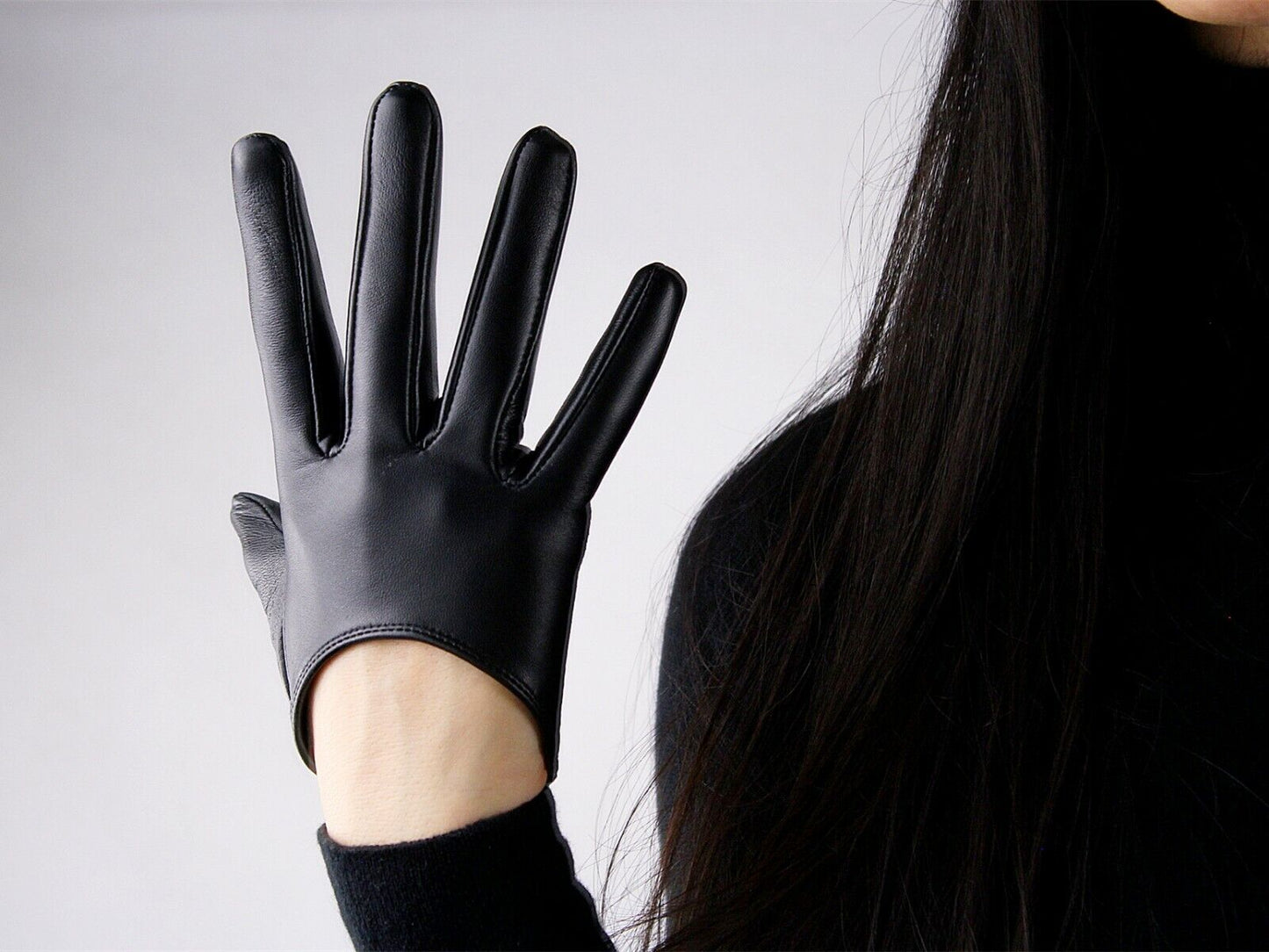 TECH GLOVES Real Leather 13cm Extra Short Lambskin Sheepskin Cut Out Crop BLACK