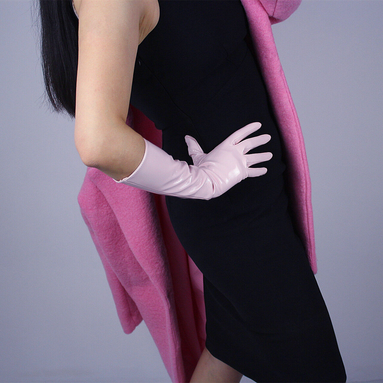 LATEX LONG GLOVES Shine Leather Faux Patent PU 16" 40cm Opera Evening Pink