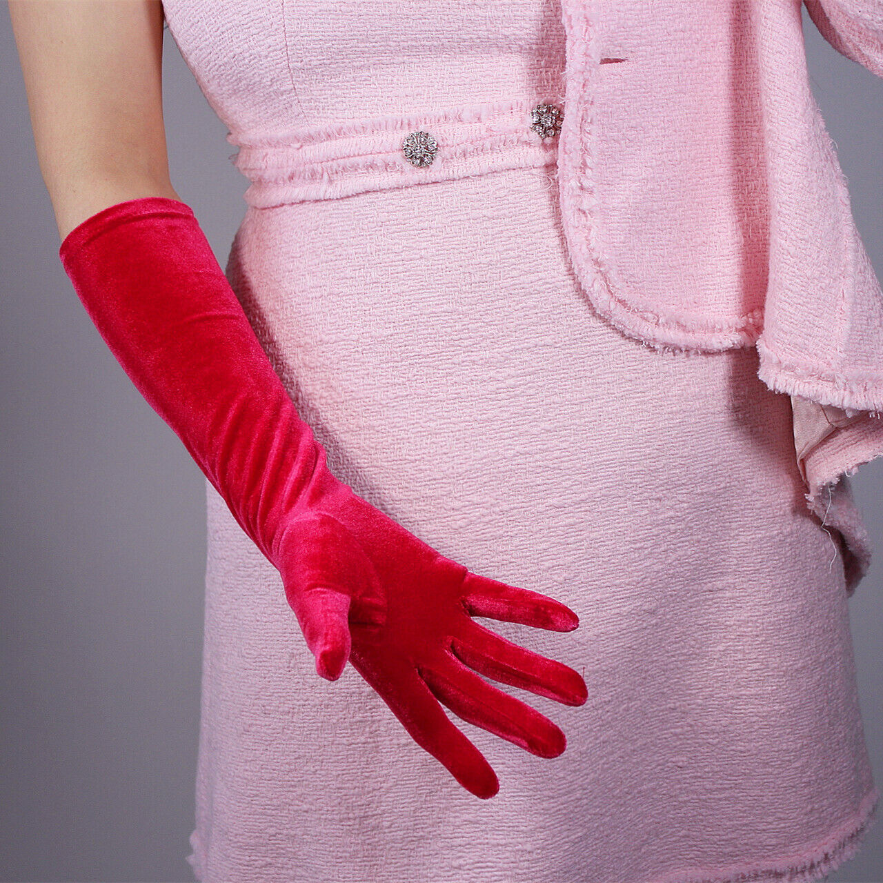 Velvet Gloves Opera Elbow Long Stretch Magenta Rose Pink 40cm 15" Touchscreen