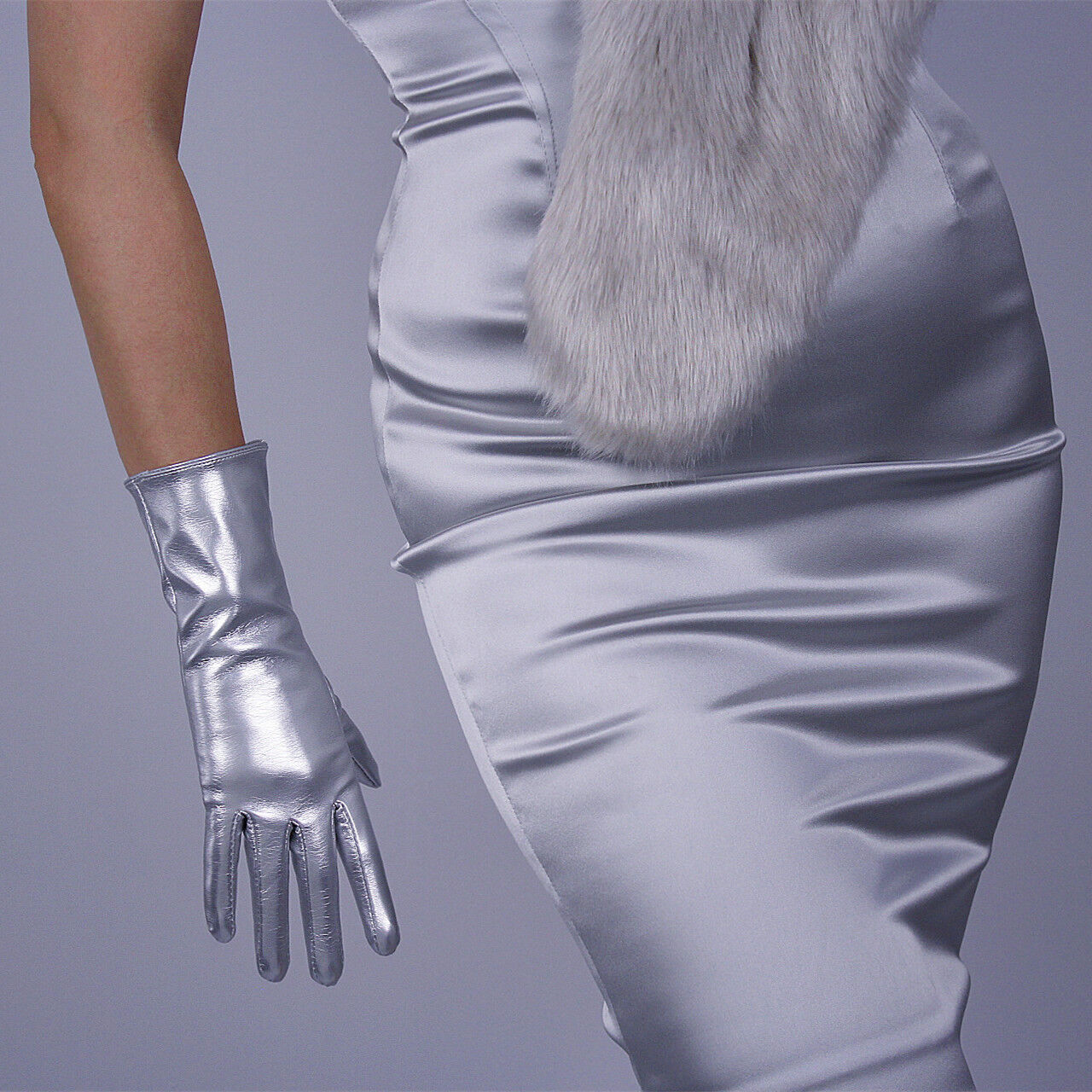 LATEX GLOVES Shine Leather Faux Patent PU 11" 28cm Short Everyday Daily Silver