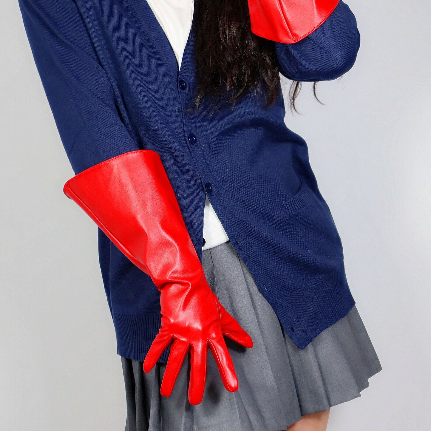 LONG GLOVES Unisex Hot Red Faux Leather 38cm Big Wide Balloon Puff Sleeves Large