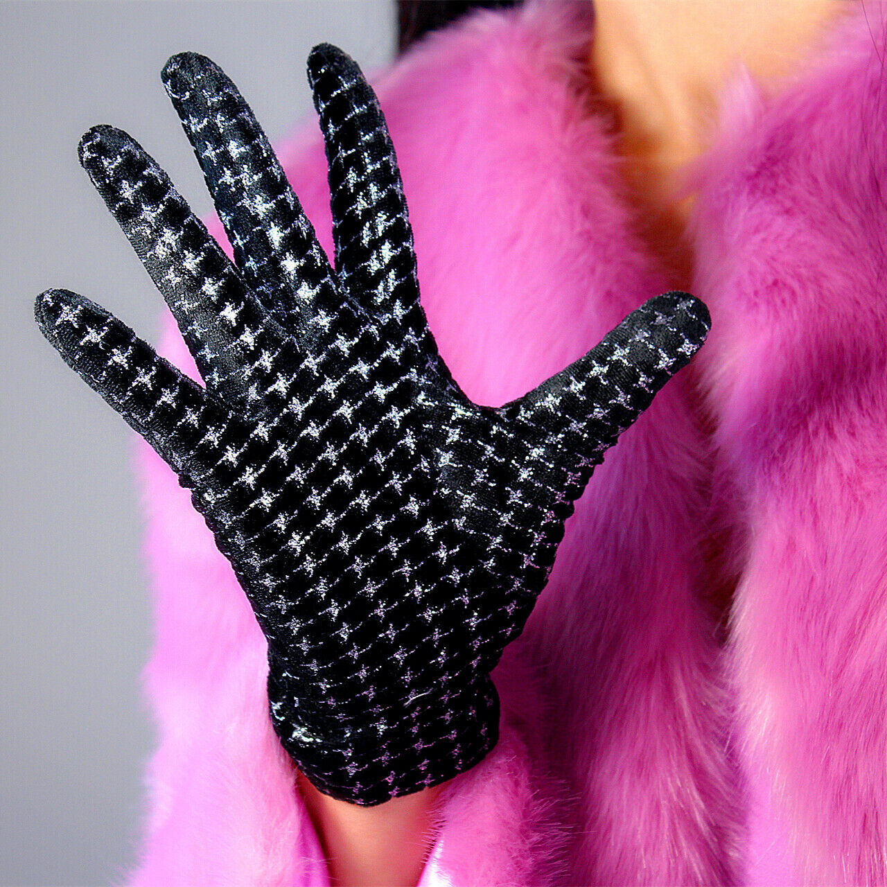 VELVET GLOVES 21cm 8" Short Stretch Black Silver Chips Sparkle Houndstooth TECH