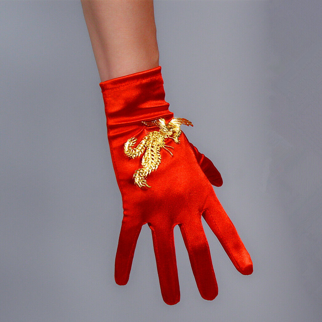 Stretch Satin Silk Gloves 20cm 9" Wrist Short Hot Red White w/ Golden Phoenix