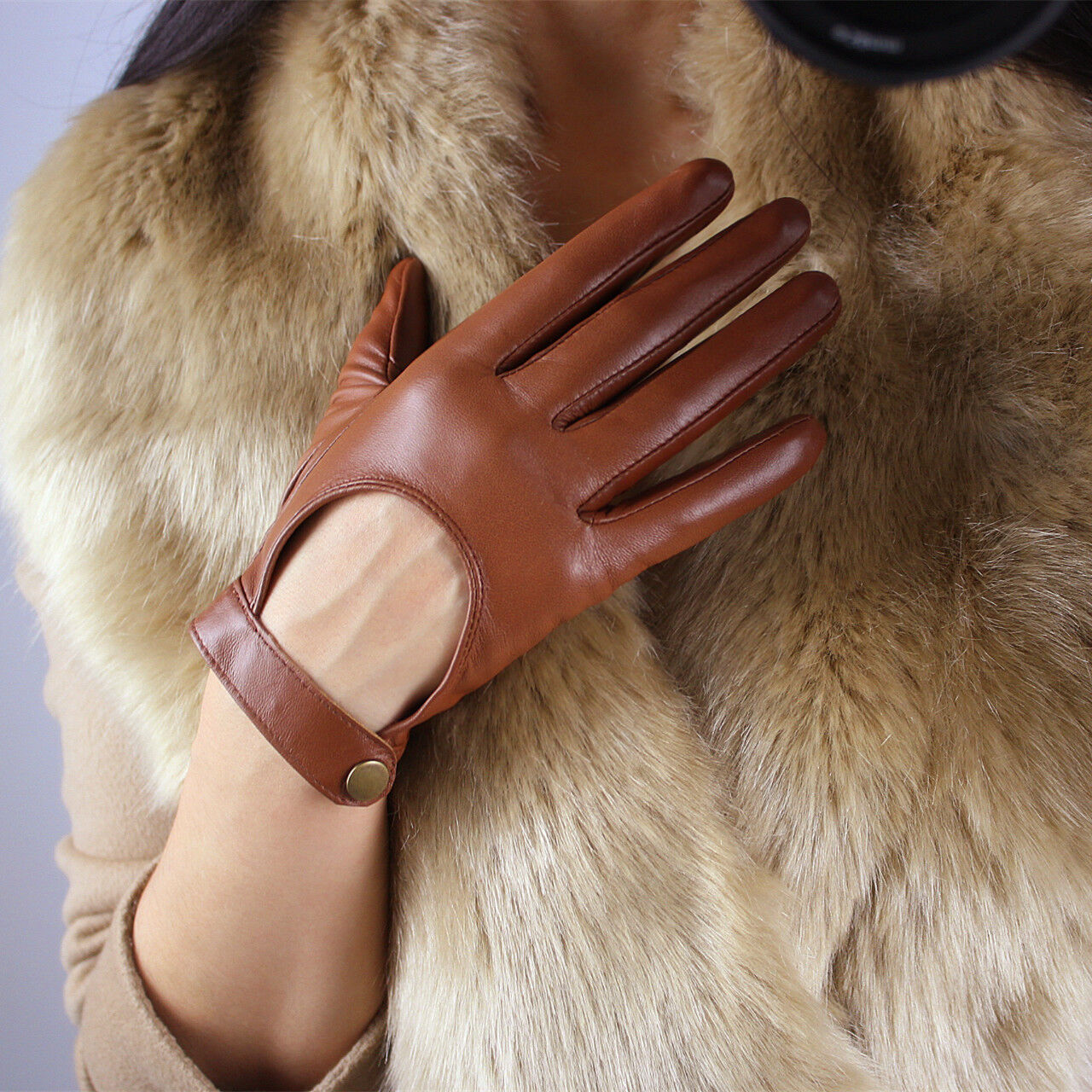 TECH GLOVES Real Leather Short Lambskin Sheepskin Brown Tan Camel Beige Caramel