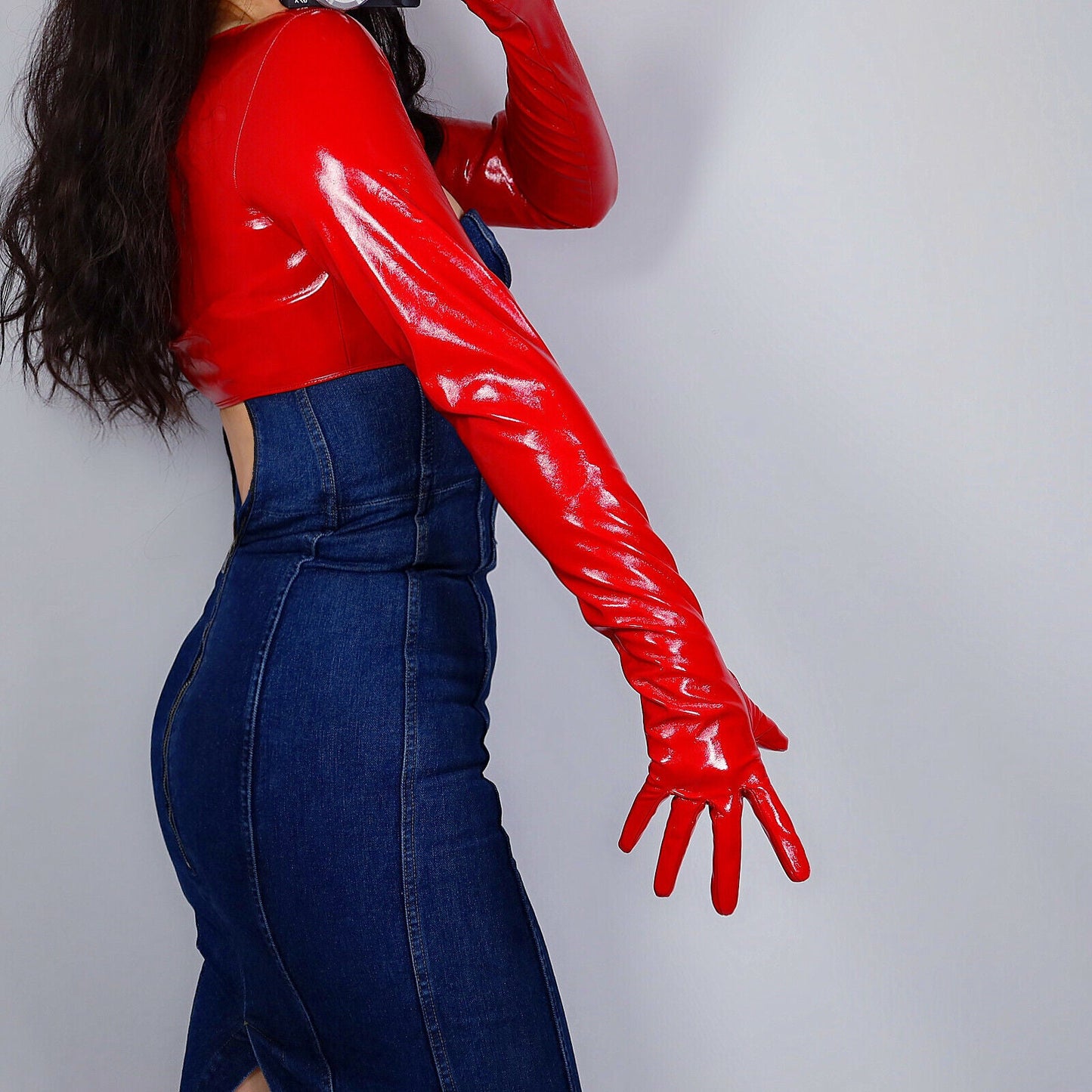 LATEX BOLERO GLOVES Shine Leather Faux Patent Red Top Jacket Cropped Shrug