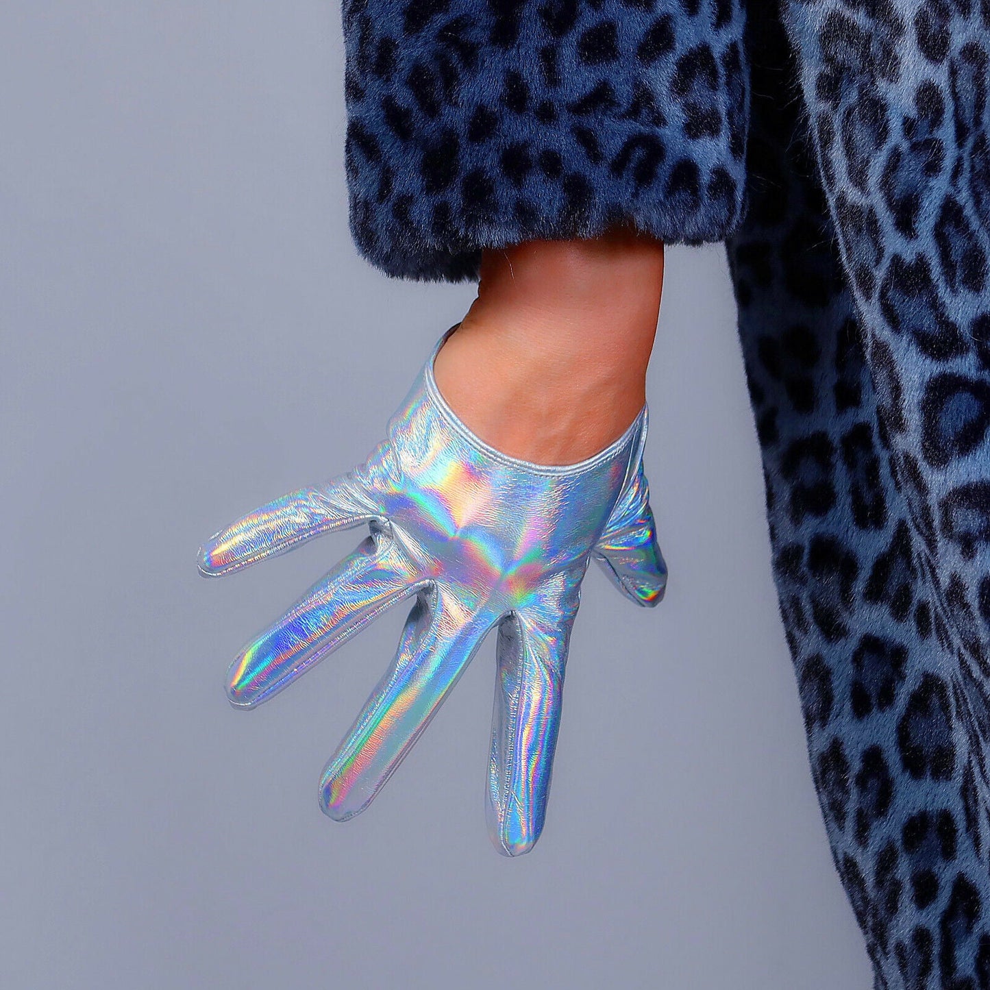 LATEX GLOVES Faux Patent Leather 5" 13cm Extra Short Hologram Silver Mermaid