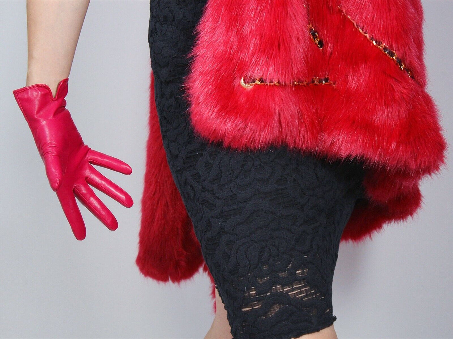 REAL LEATHER GLOVES Wrist Short Lambskin Sheepskin 23cm Hot Pink Rose Magenta