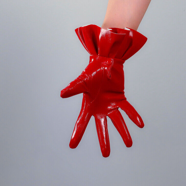 RUFFLE GLOVES 25cm 10" Wrist Short Faux Patent Leather Shine Latex Red Trim