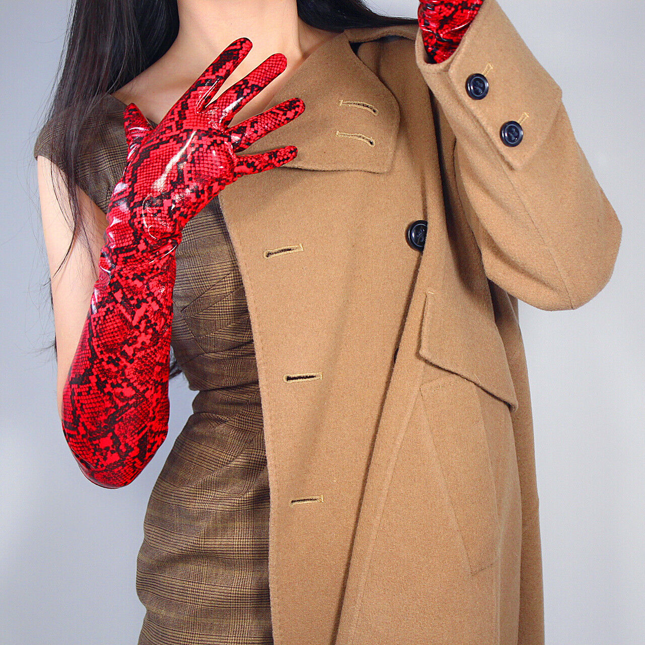 LONG LATEX GLOVES Faux Patent Leather 20" 50cm Shine Red Snake Python Snakeskin