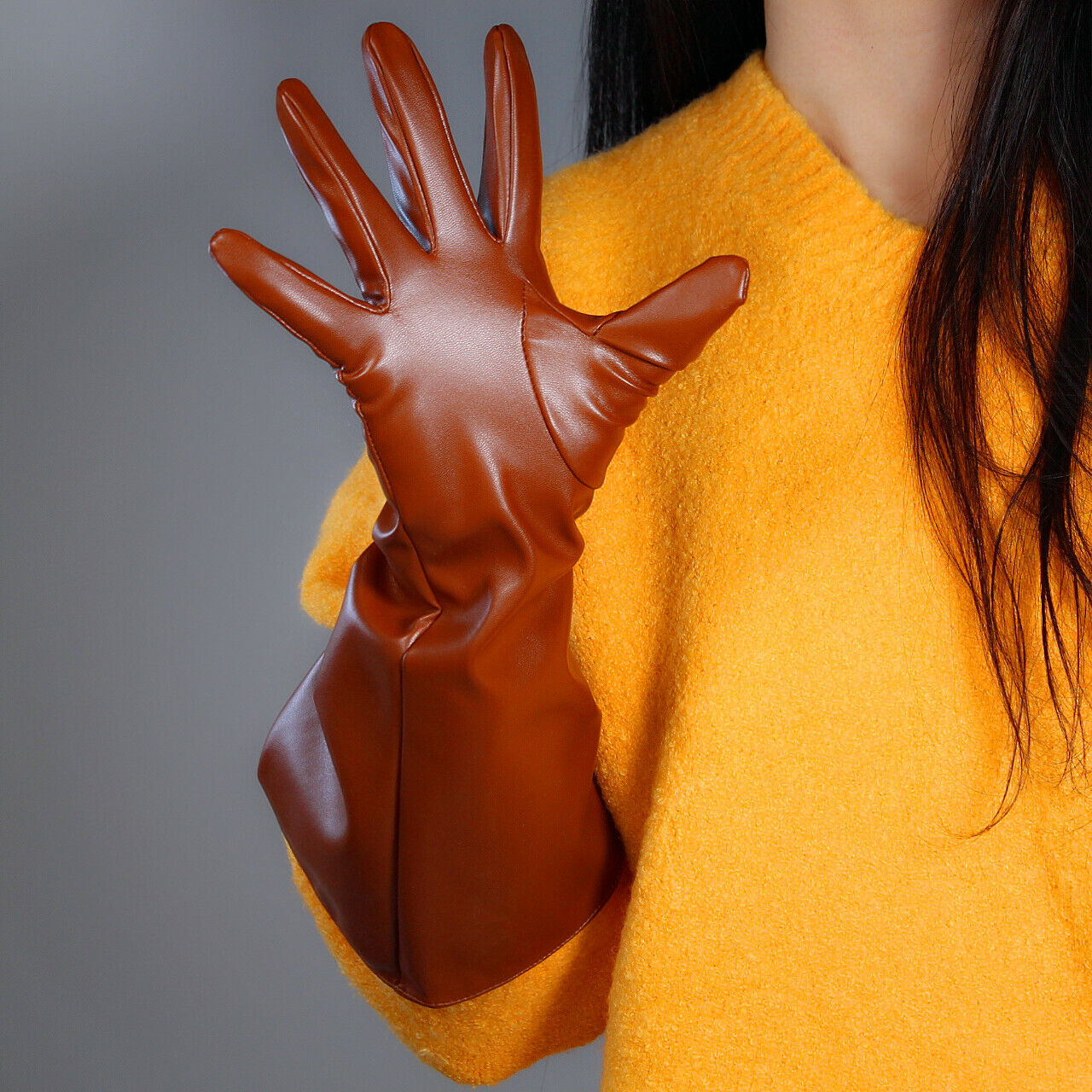 LONG GLOVES Unisex Sugar Tan Brown Faux Leather 38cm Wide Balloon Puff Sleeves L