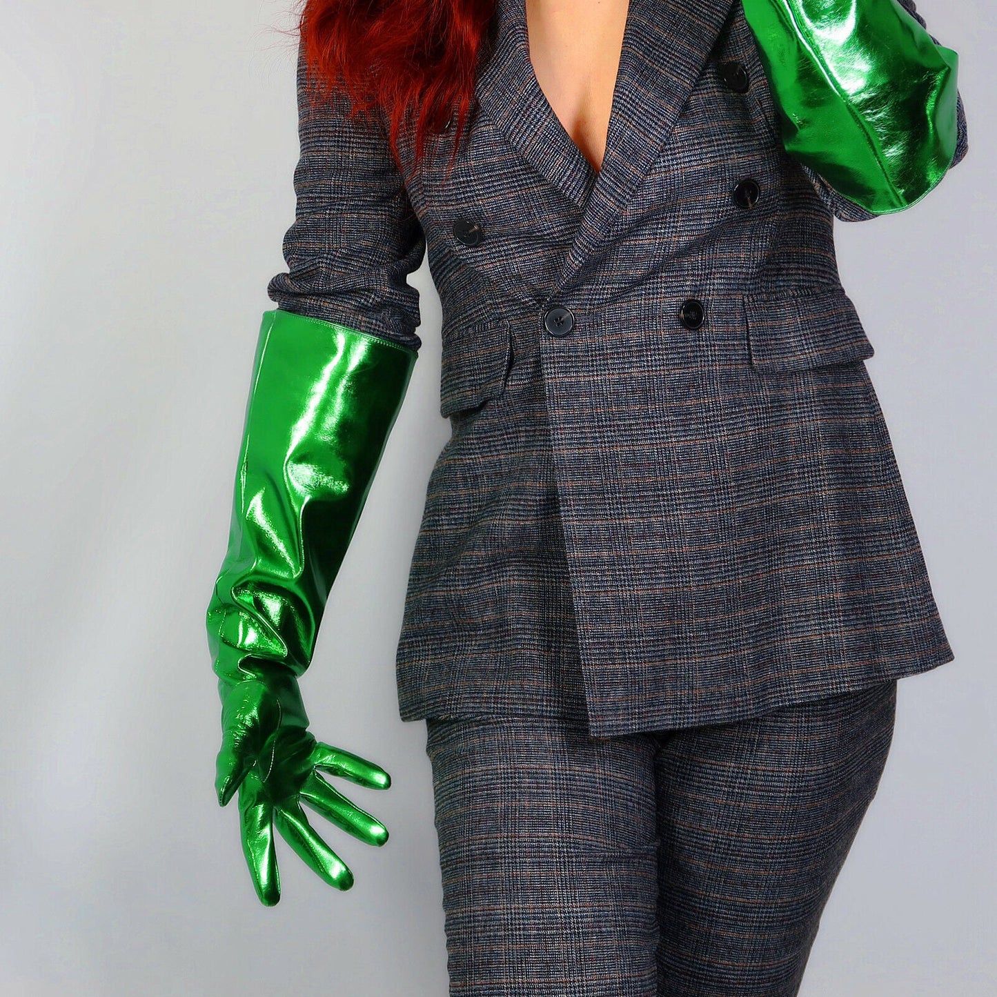 LATEX LONG GLOVES Faux Shine Patent Leather 20" 50cm Electric Green PUFF SLEEVES