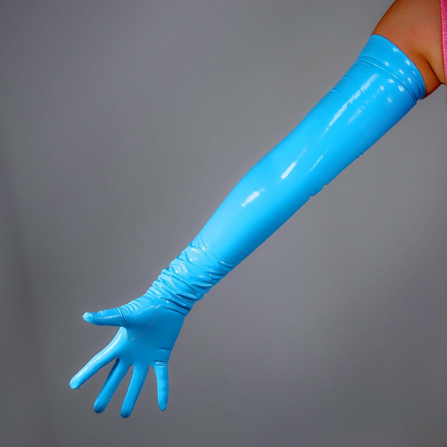 LATEX GLOVES Extra Thin Faux Leather Rubber 28" 70cm Shine Blue LONG FITTED