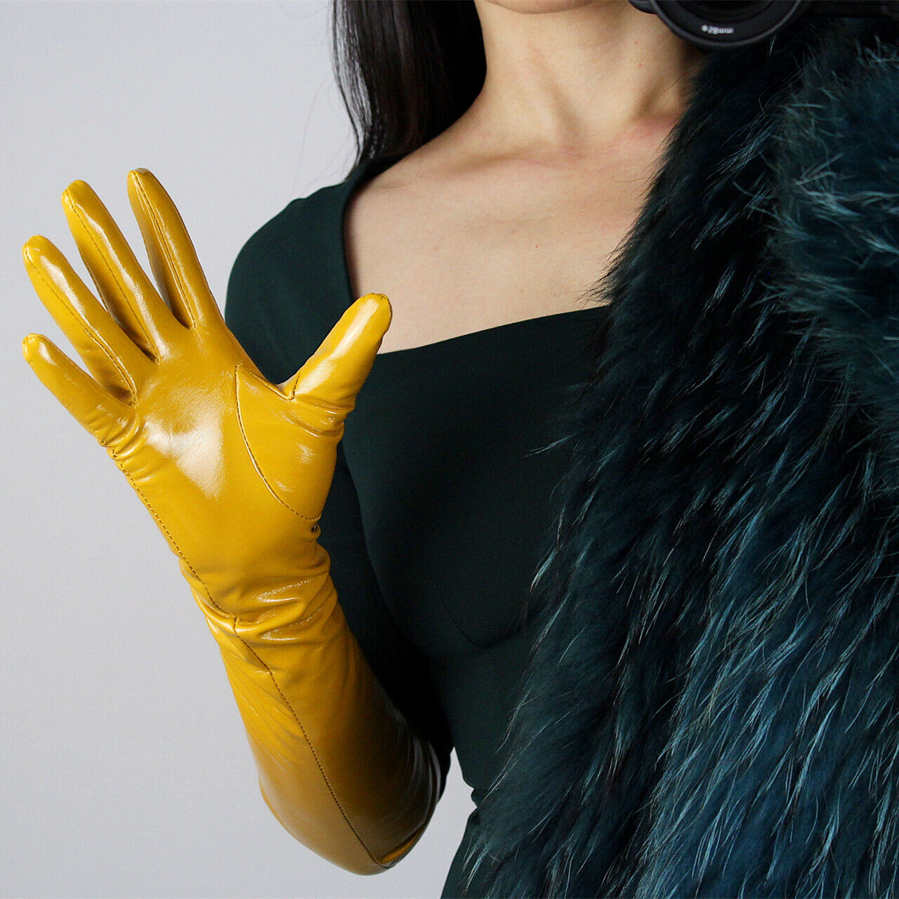 LATEX LONG GLOVES Shine Leather Faux Patent PU 20" 50cm Opera Ginger Yellow