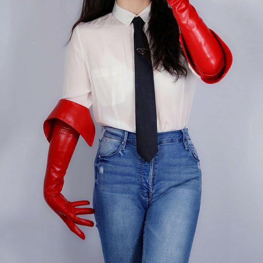 LONG GLOVES Faux Leather PU 26" 65cm Red Extra Deep Cut Flip Foldover Fashion