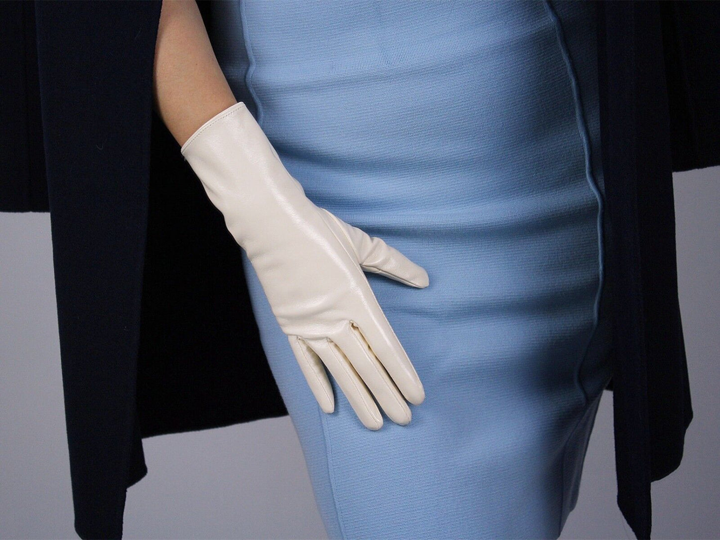 LATEX GLOVES Shine Leather Faux Patent PU 11" 28cm Short Wrist Beige Cream Ivory