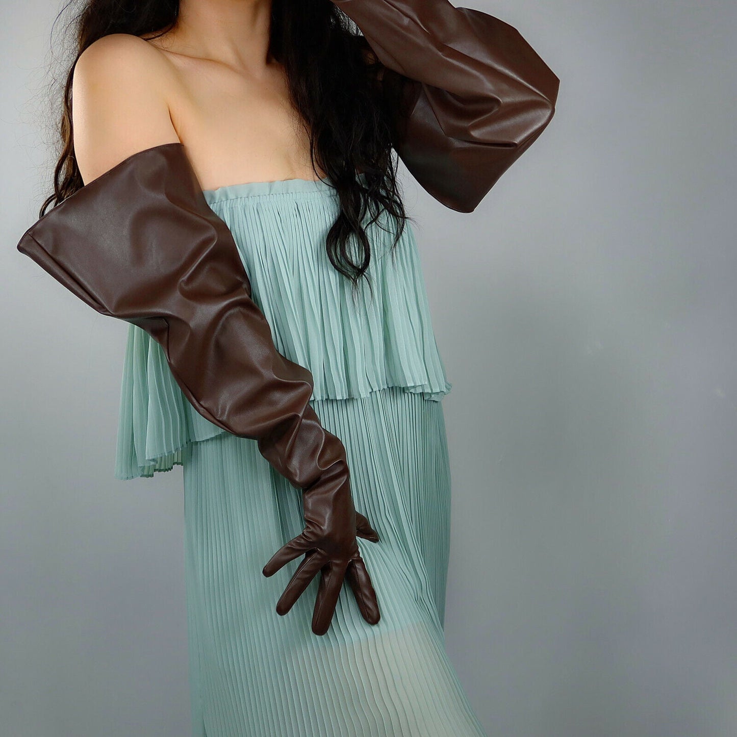 LONG GLOVES Faux Leather PU 28" 70cm Coffee Brown Loose L Unisex PUFF SLEEVES