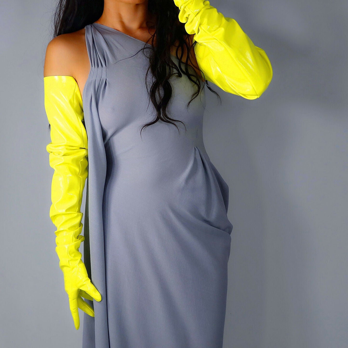 LATEX GLOVES 90cm Extra Long Shine Leather Faux Patent Lime Fluorescent Yellow