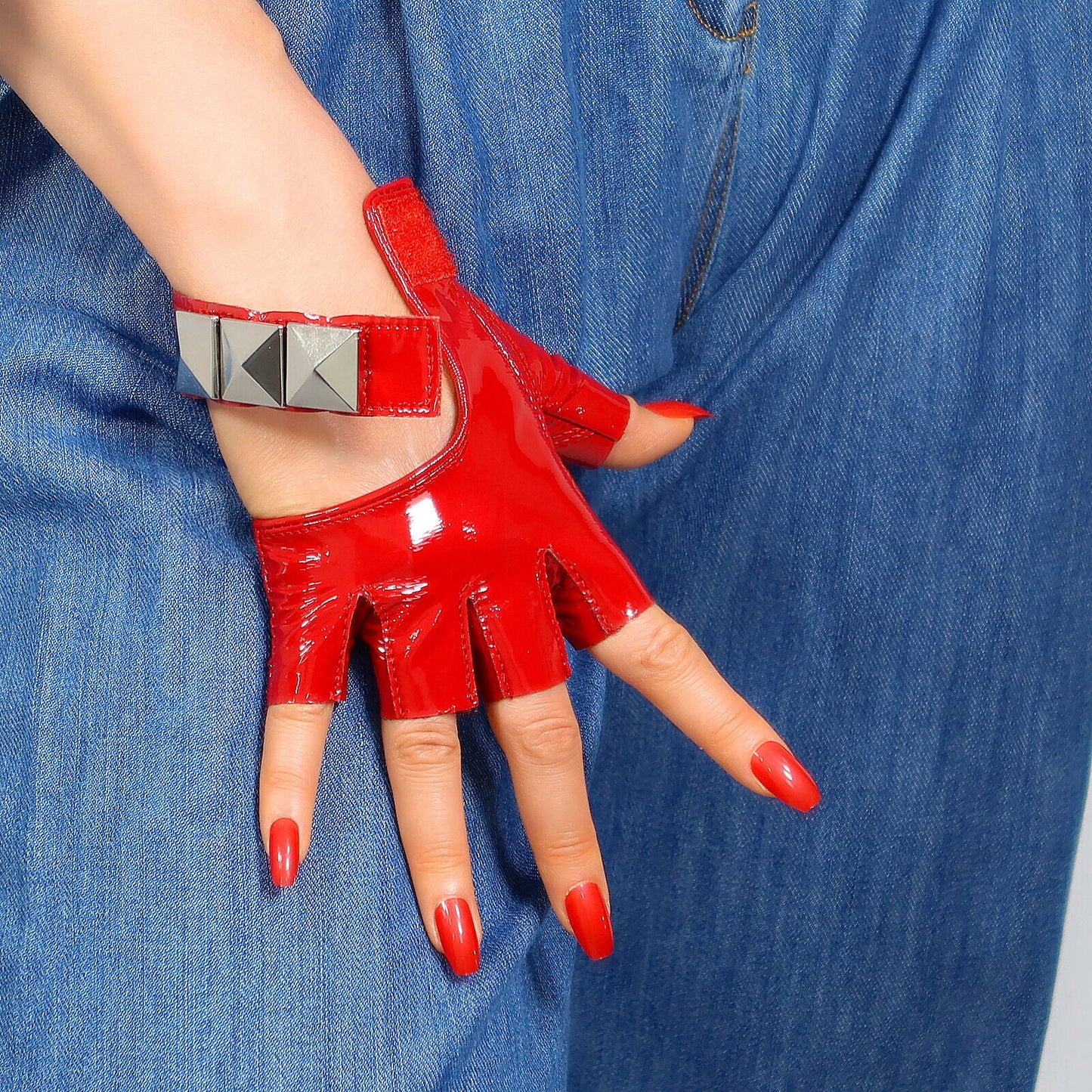 REAL LEATHER GLOVES Fingerless Patent Red Half Finger