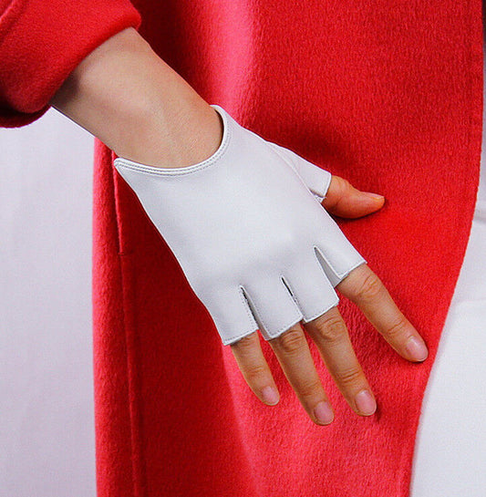 Real Leather Fingerless Short Gloves White Genuine Sheepskin Sports Half Finger