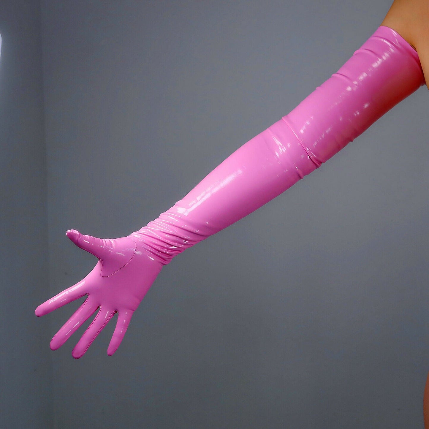 LATEX GLOVES Long Extra Thin Faux Leather 28" 70cm Shine Pastel Pink FITTED