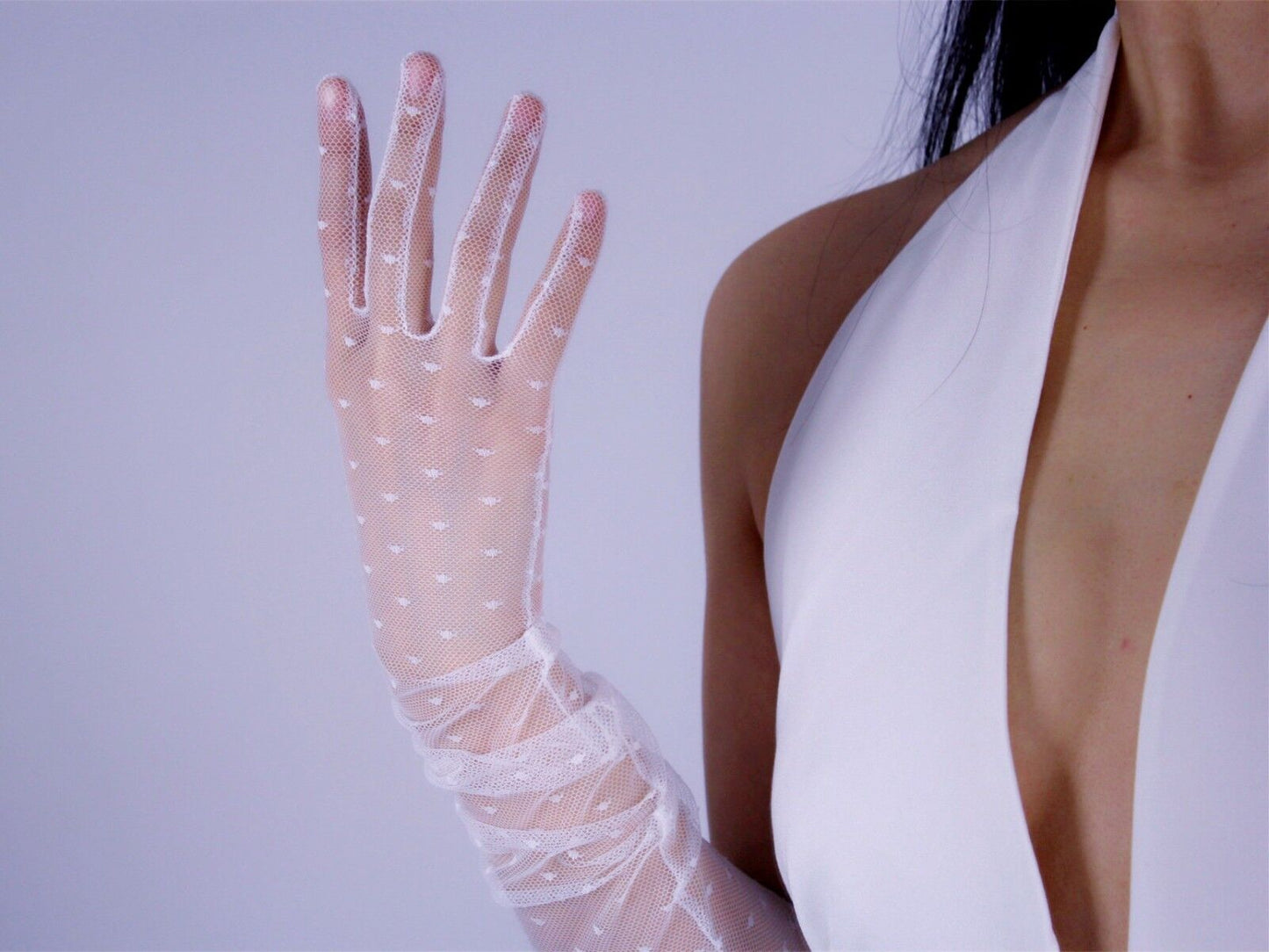 MESH LONG GLOVES Heart Shape Lace Stretch Tulle Semi Sheer Touchscreen White