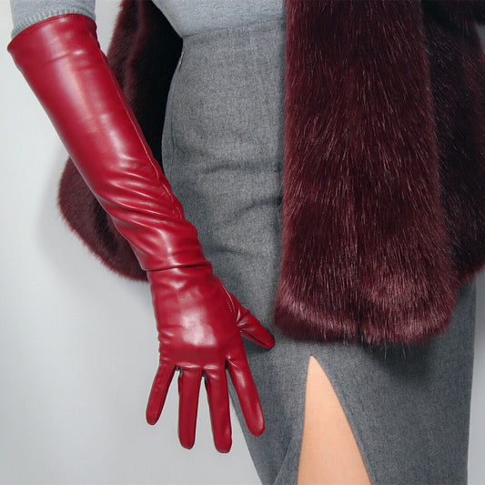 LONG GLOVES Faux Leather Lambskin Sheepskin 20" 50cm Dark Red Burgendy Oxblood