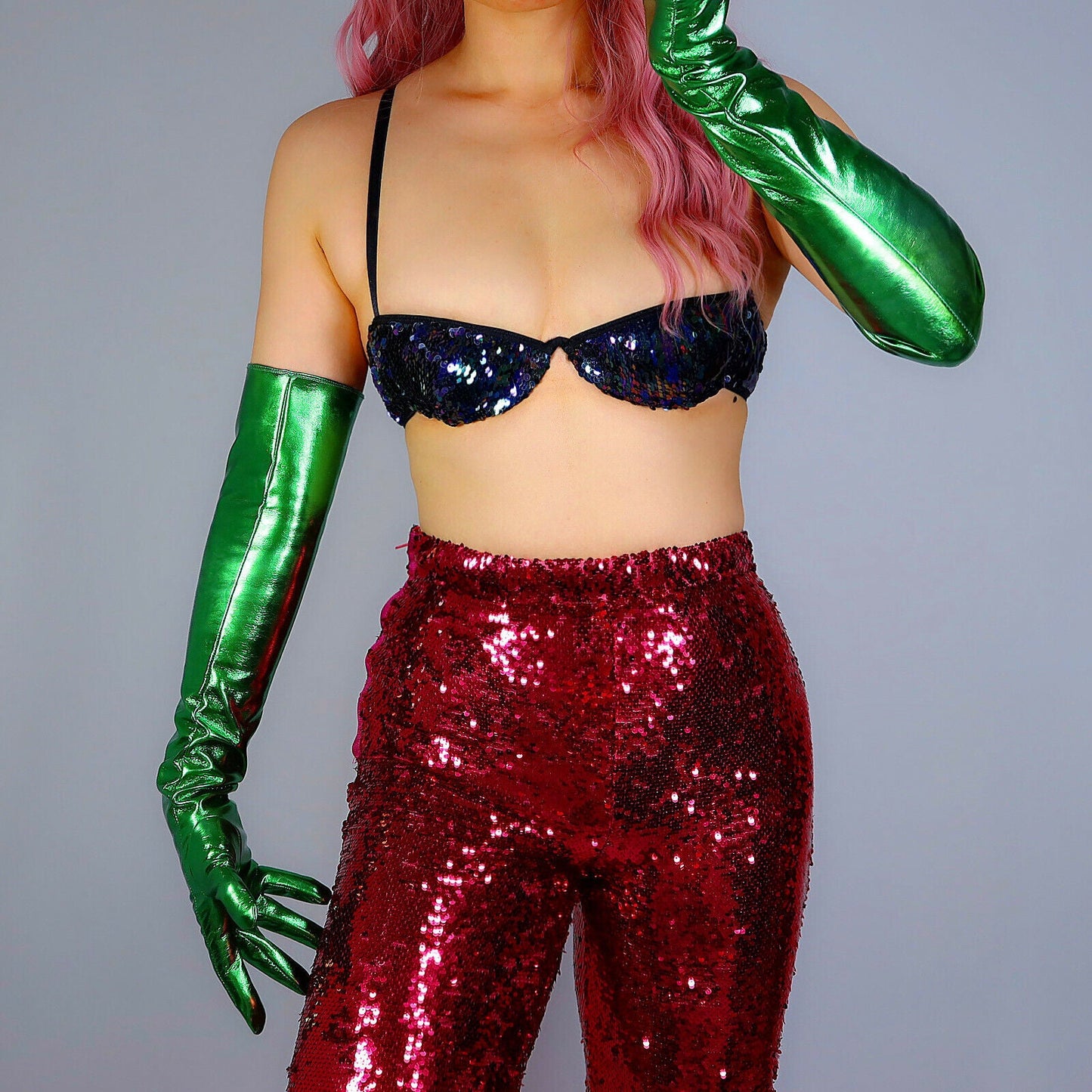 LATEX LONG GLOVES Faux Shine Patent Leather 24" 60cm Electric Green Slim Fitted