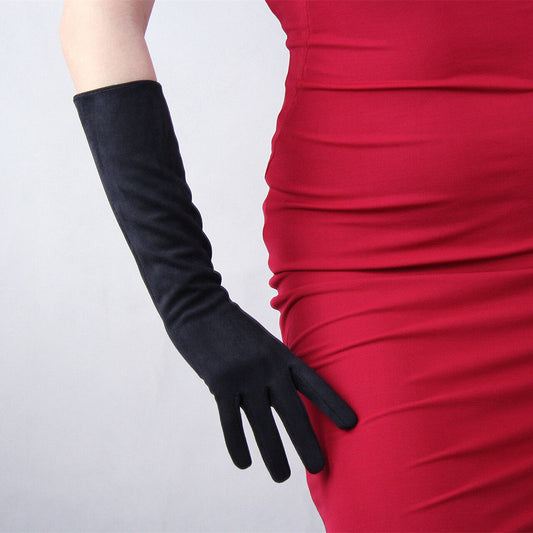 Suede Long Gloves Faux Leather 16" 40cm Elbow Evening Black Double-faced Suede