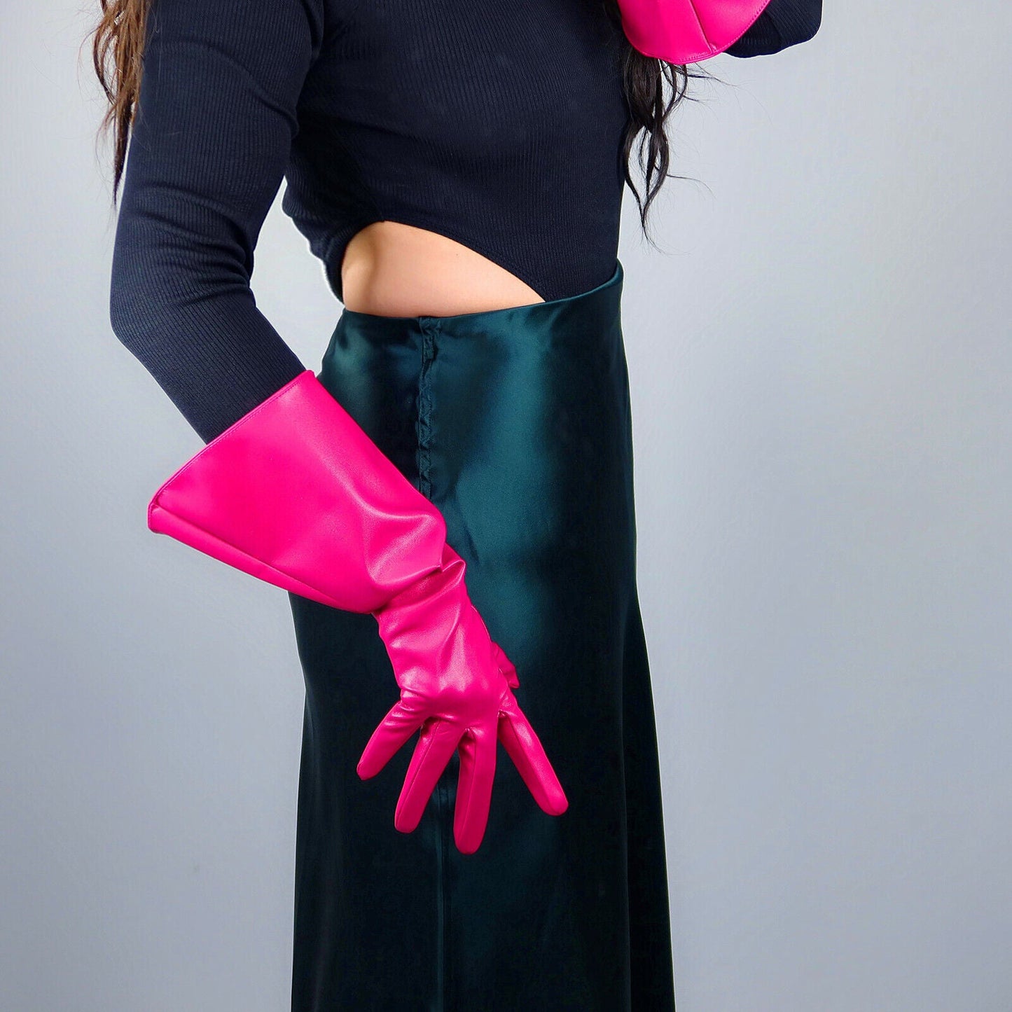 FASHION GLOVES Faux Leather 15" 38cm Long Elbow Rose Pink Fuchsia Loose Fit L