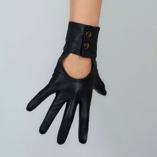 TECH GLOVES Real Leather Short Black Lambskin Sheepskin Belt with Button Closure