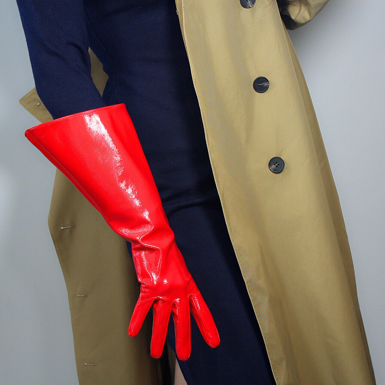 PATENT LONG GLOVES Unisex Faux Leather Wide Balloon Puff Sleeves Large Red 38cm