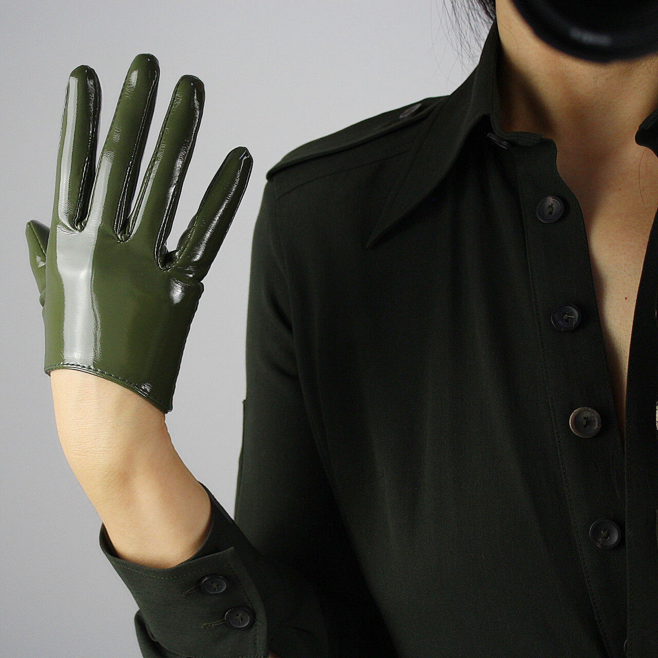 LATEX GLOVES Shine Leather Faux Patent PU 6" 16cm Extra Short Olive Army Green