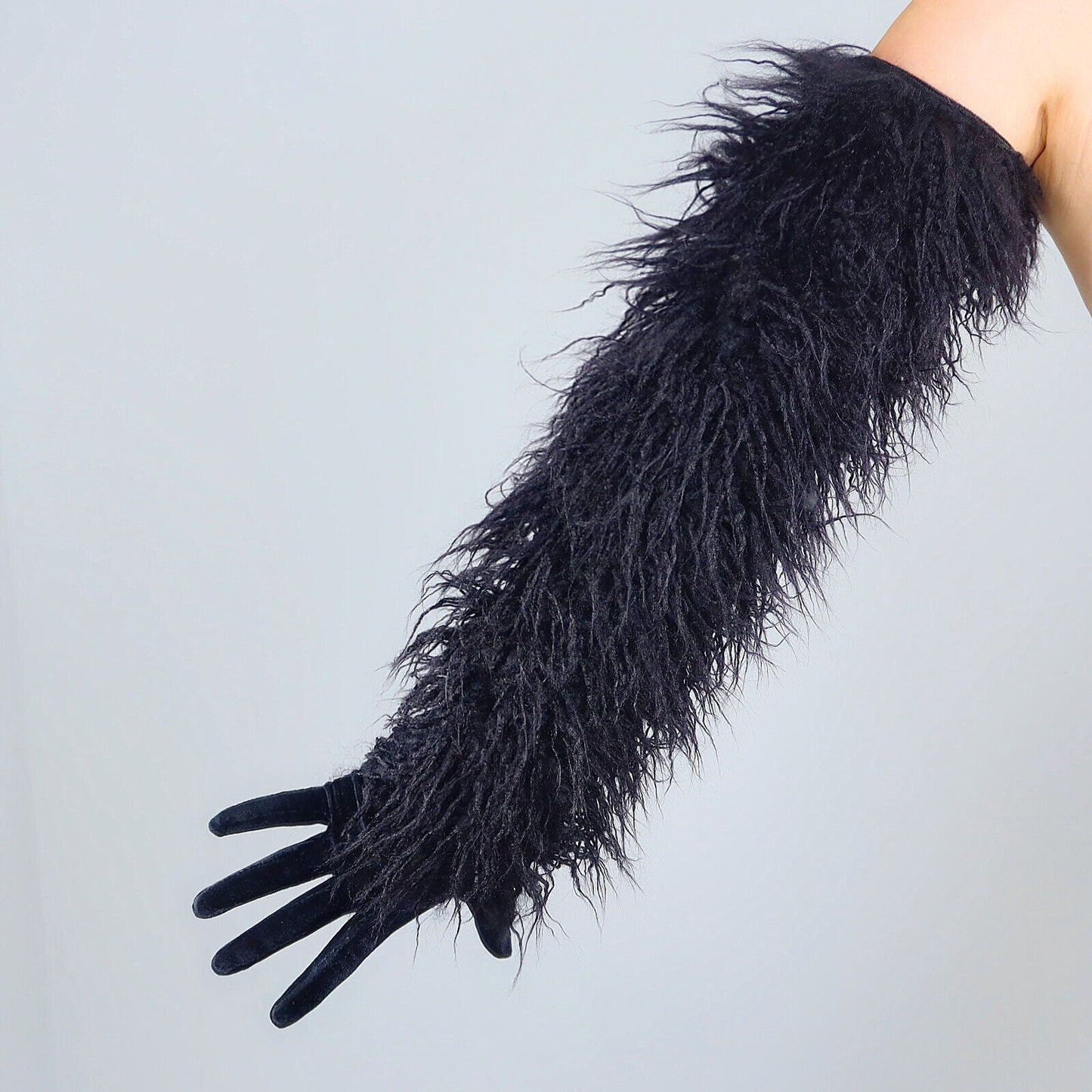 FEATHER GLOVES 70cm 28" Extra Long Stretch Faux Fur Shearling Velvet Black TECH