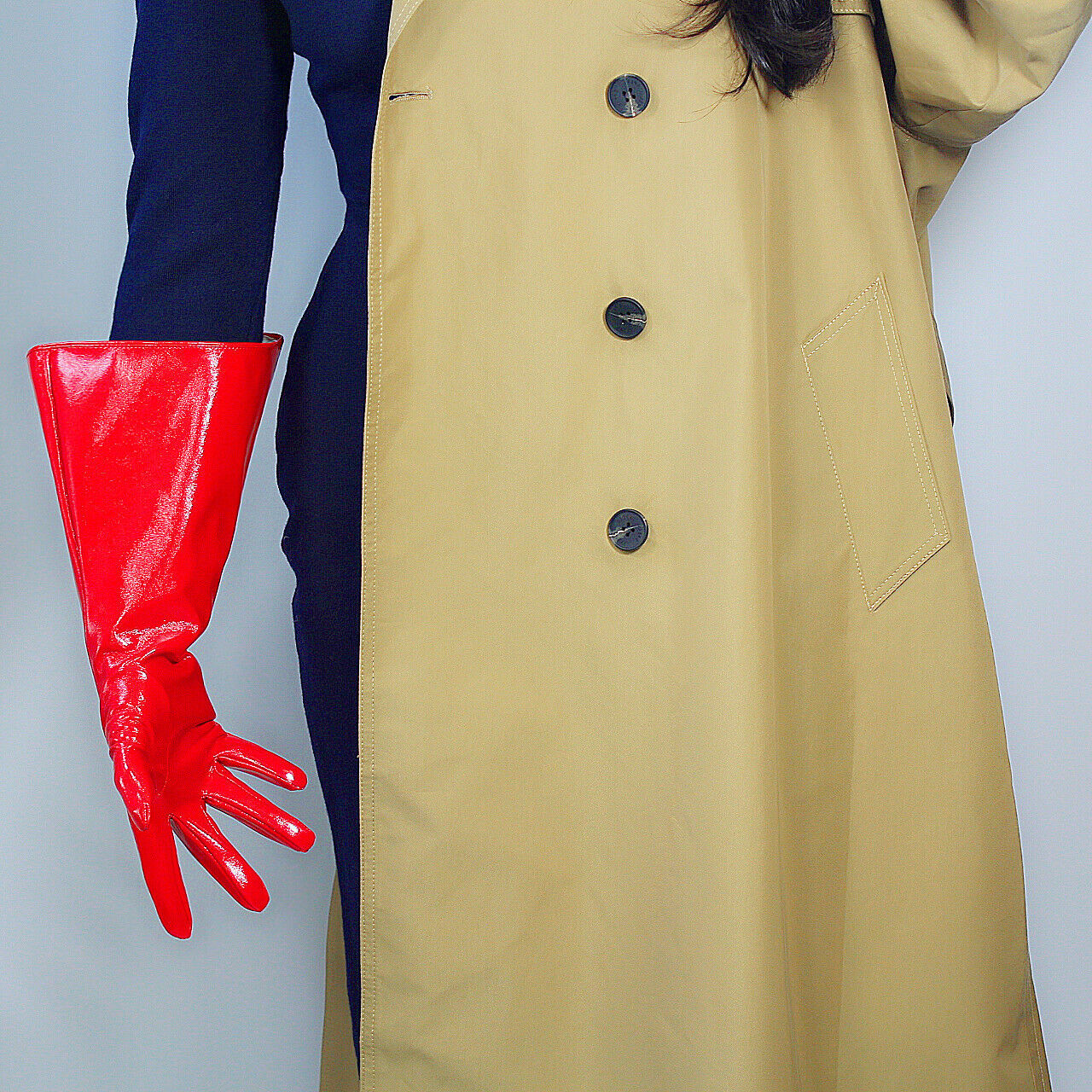 PATENT LONG GLOVES Unisex Faux Leather Wide Balloon Puff Sleeves Large Red 38cm