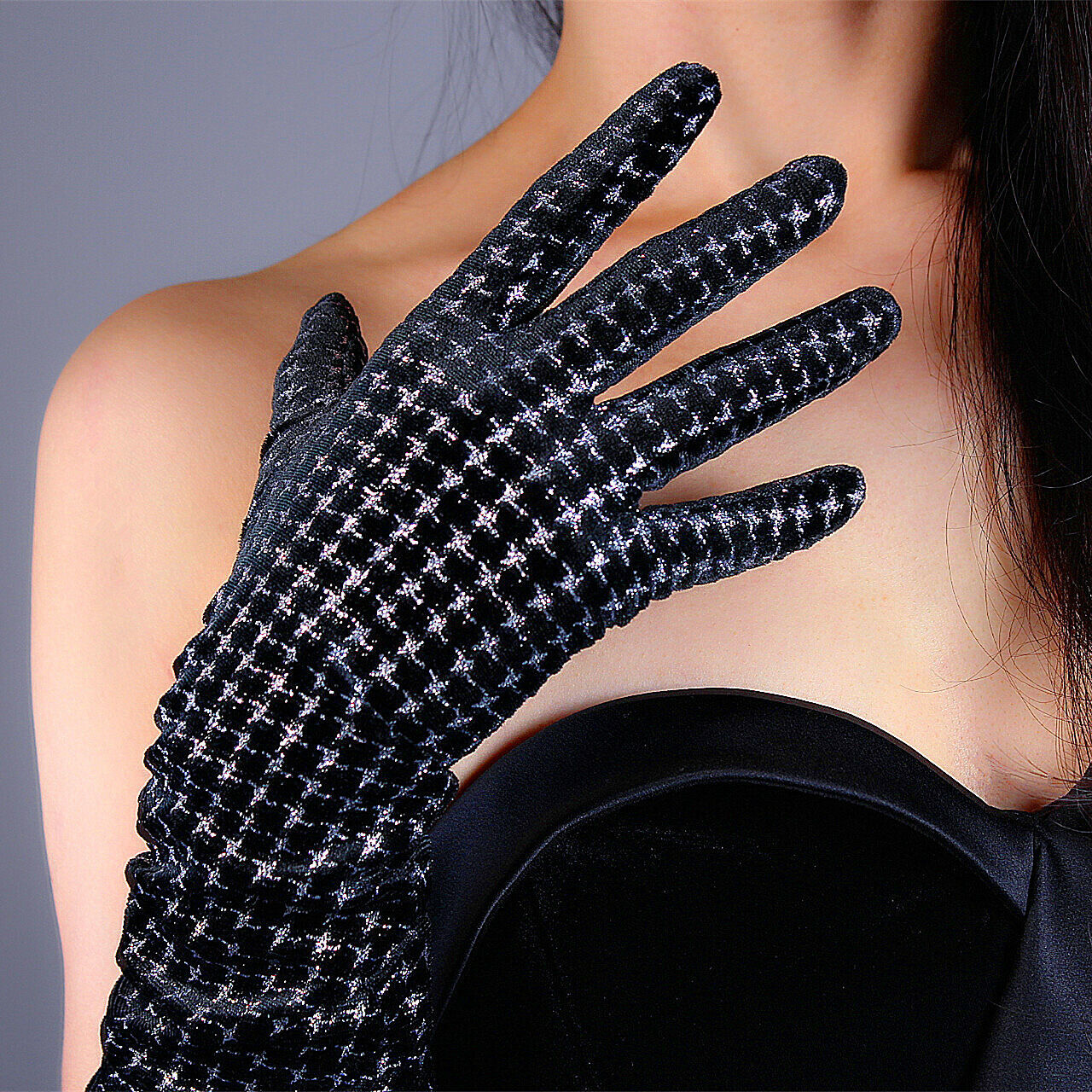 VELVET GLOVES 40cm 16" Long Stretchy Black Silver Chips Sparkle Houndstooth TECH